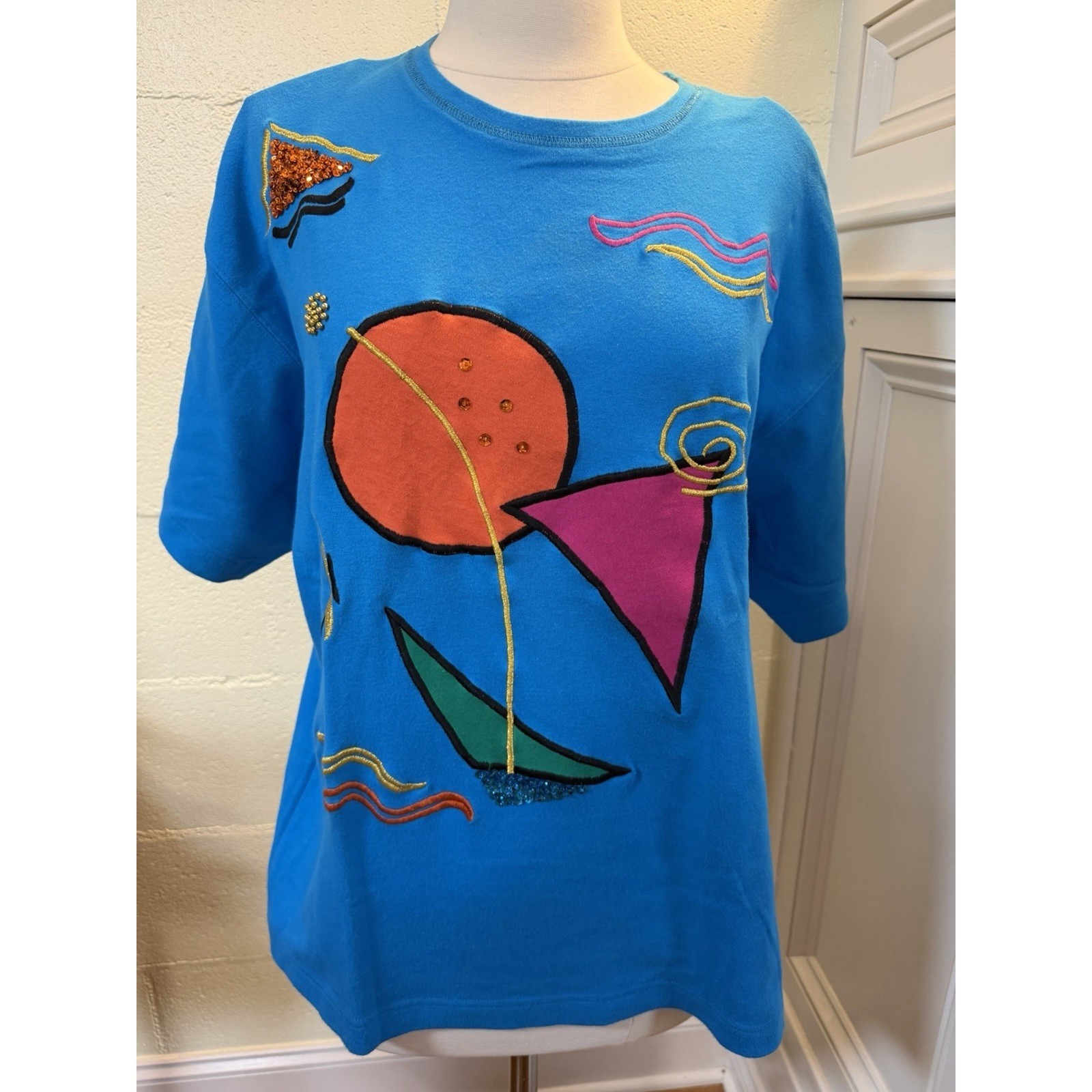 Regina Porter Vintage Top M Blue Abstract Sequin Beaded Art Shirt 80s 90s